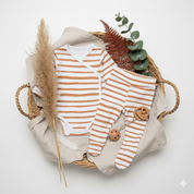 Kit: Body Kimono Recém-Nascido à 3 Meses + Calça de Pezinho Recém-Nascido à 3 Meses - Algodão Premium Estampa Exclusiva | Listras Amarelas