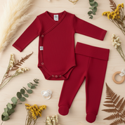 Kit: Body Kimono Recém-Nascido à 3 Meses + Calça de Pezinho Recém-Nascido à 3 Meses - Canelado Premium Liso | Tomate