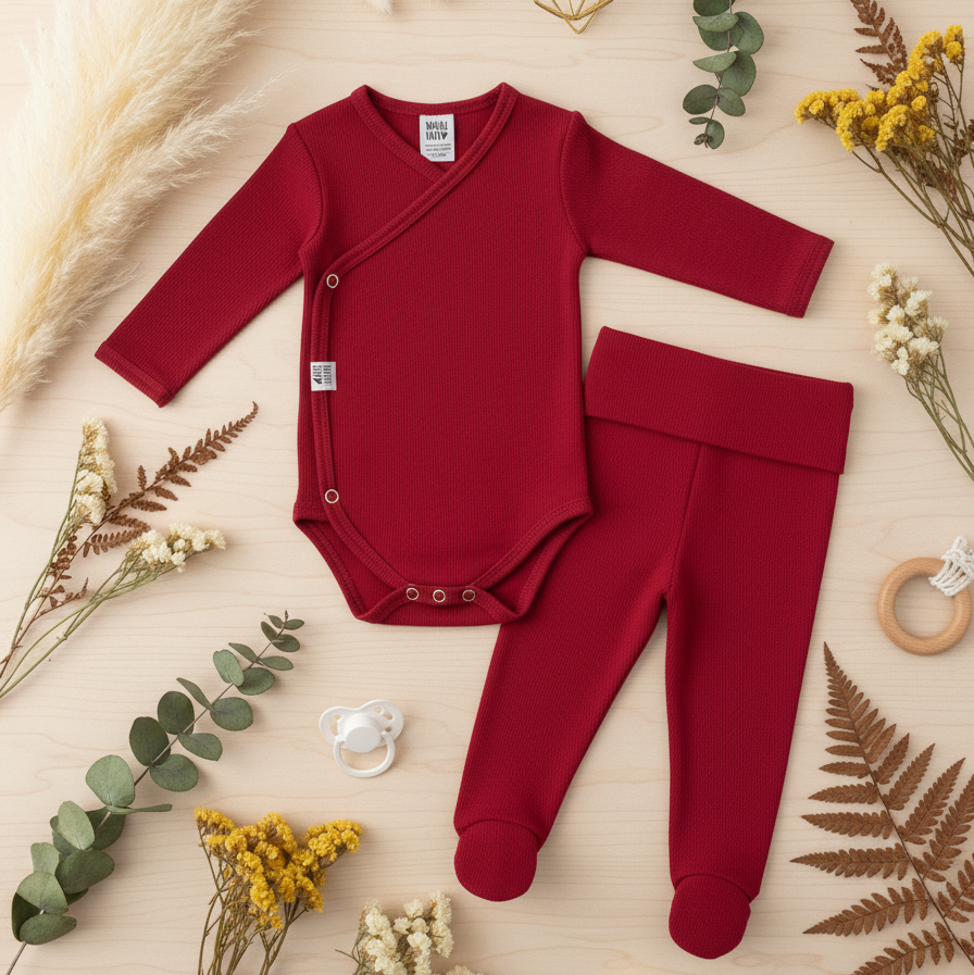 Kit: Body Kimono Recém-Nascido à 3 Meses + Calça de Pezinho Recém-Nascido à 3 Meses - Canelado Premium Liso | Tomate