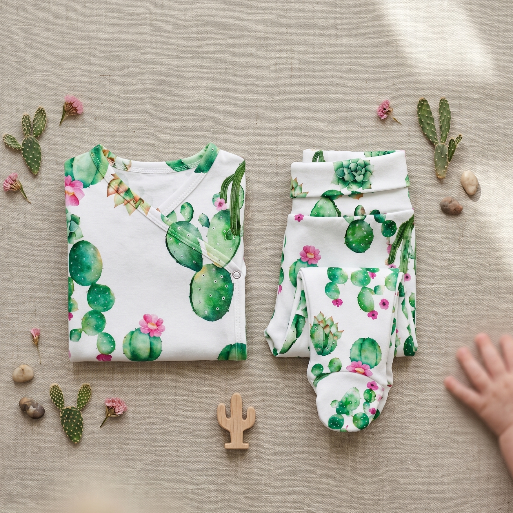 Kit Body Kimono + Calça com Pezinho Recém-Nascido a 3 Meses - Cotton Adapt | Cactos Tropical