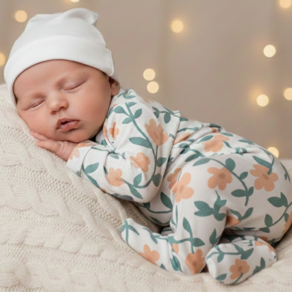 Kit: Body Kimono Recém-Nascido à 3 Meses + Calça de Pezinho Recém-Nascido à 3 Meses - Cotton Premium Estampa Exclusiva | Floral Vintage Tons de Azul