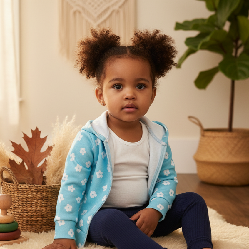 Infantil Menina - Moletom Peluciado Estampado -  Margaridas Azul Serenity