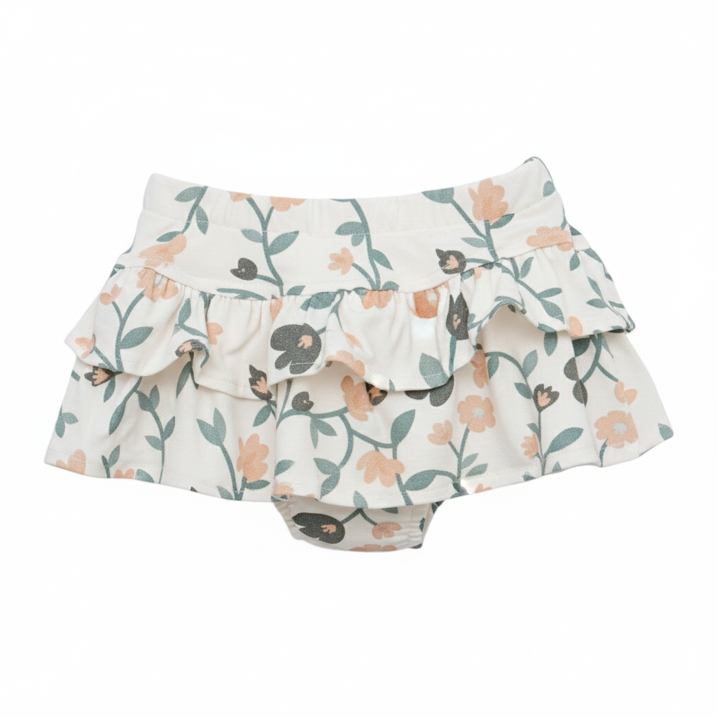 Short Saia Bebê/Infantil Com Camadas - Cotton Premium Estampa Exclusiva | Floral Vintage Tons de Azul
