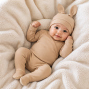 Kit Body Kimono + Calça com Pezinho – Recém-Nascido à 3 Meses | Algodão Canelado - Areia