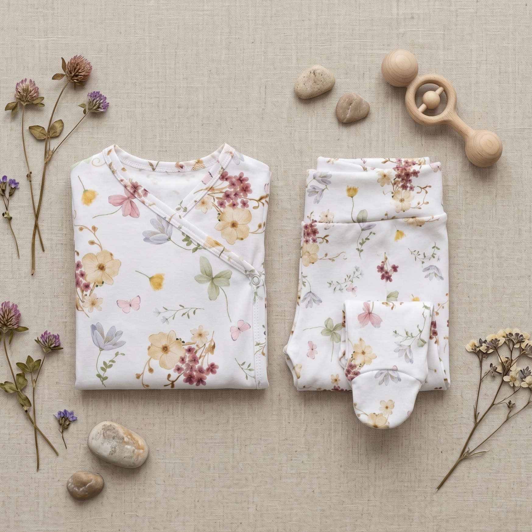 Kit Body Kimono + Calça com Pezinho Recém-Nascido a 3 Meses - Cotton Adapt | Flores do Campo