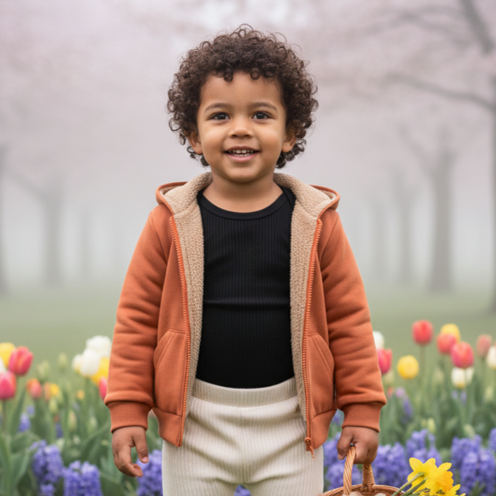 Jaqueta Bebê/Infantil Com Capuz e Forro Peluciado Grosso Areia Claro | Cor Externa Laranja Queimado