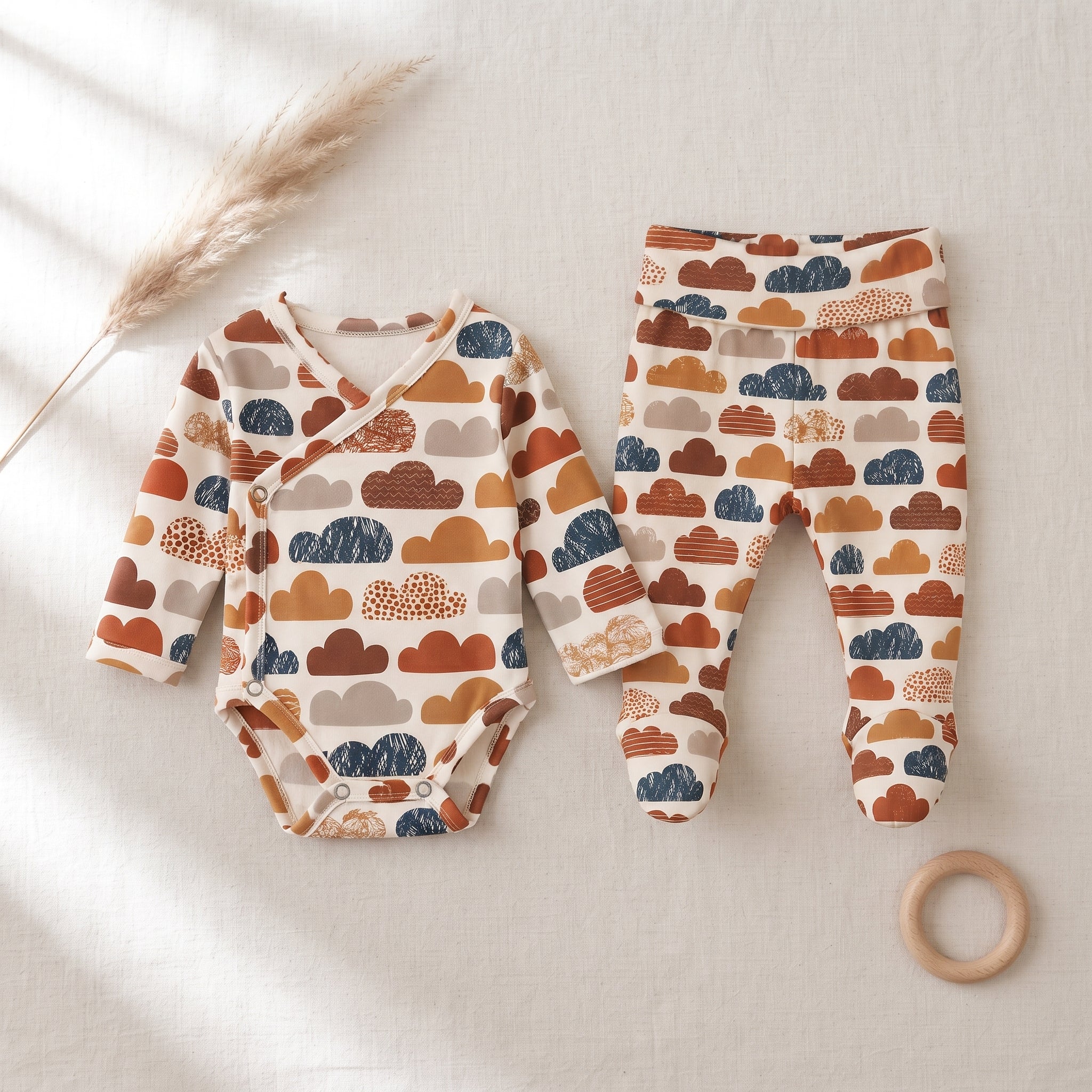 Conjunto Body Kimono + Calça com Pezinho – Recém-Nascido à 3 Meses | Nuvens de Outono