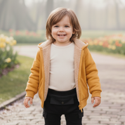 Jaqueta Bebê/Infantil Com Capuz e Forro Peludo Grosso Areia Claro | Cor Externa Mostarda
