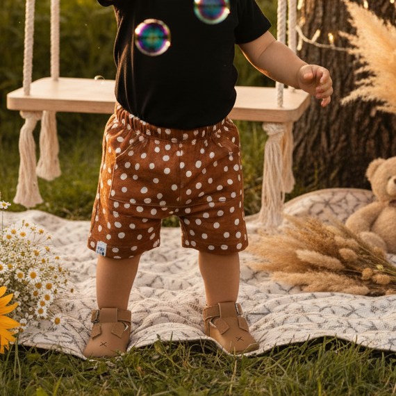 Bermuda Bebê/Infantil Menino – Algodão Premium Estampa Exclusiva | Caramelo Poá