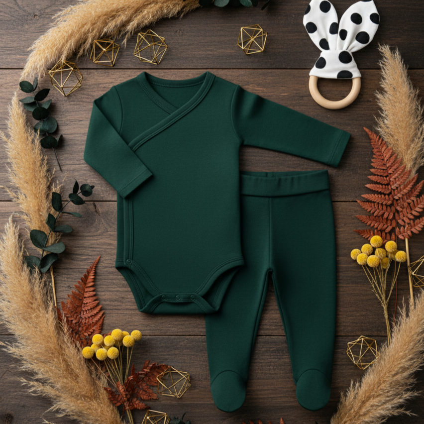 Kit: Body Kimono Recém-Nascido à 3 Meses + Calça de Pezinho Recém-Nascido à 3 Meses - Algodão Premium Liso | Verde Mate