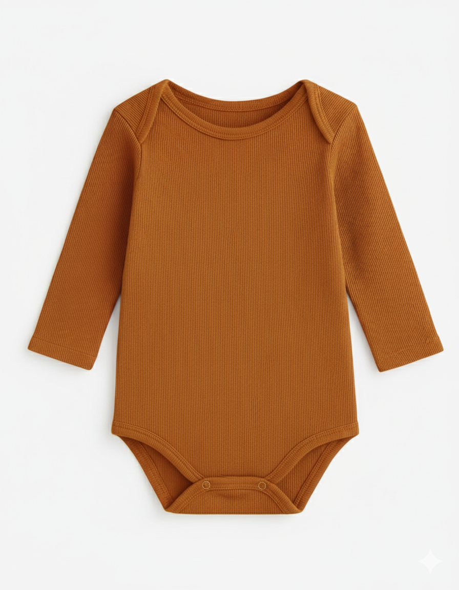 Body Bebê e Infantil Manga Longa Unissex – Algodão Canelado Premium Liso | Caramelo