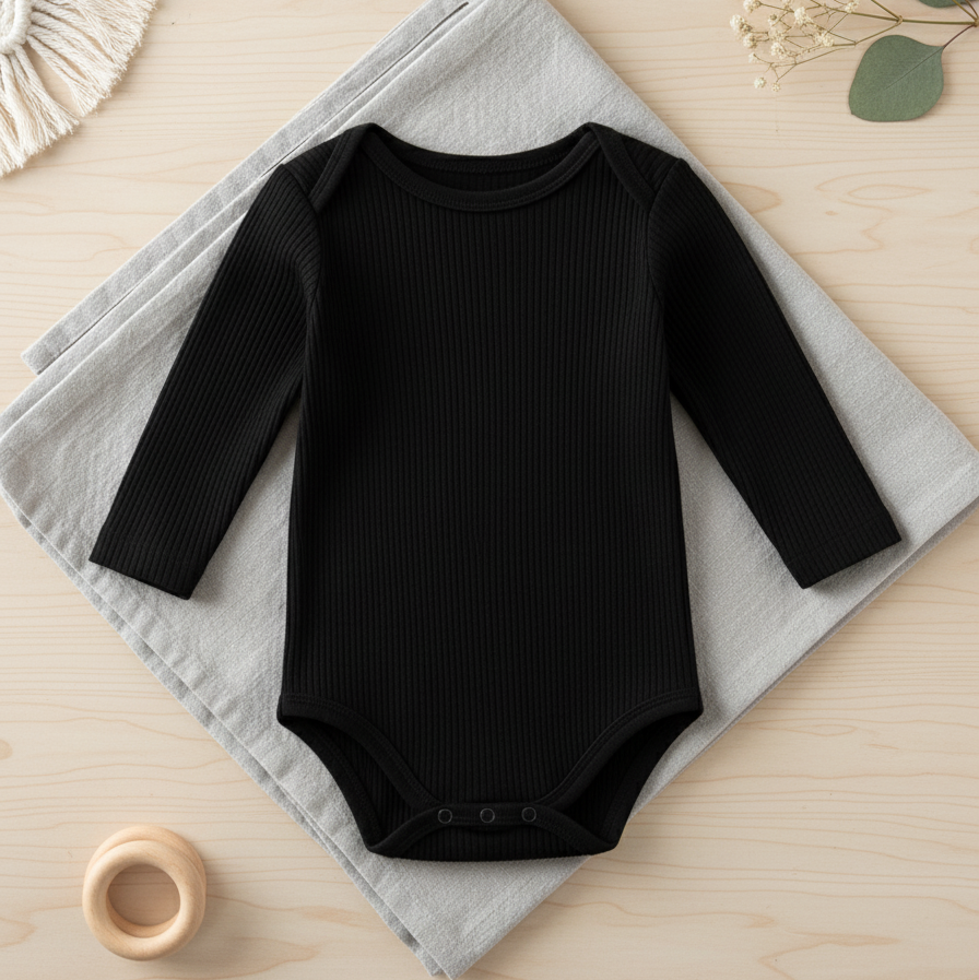 Body Bebê e Infantil Unissex Manga Longa – Algodão Canelado Premium Liso | Preto