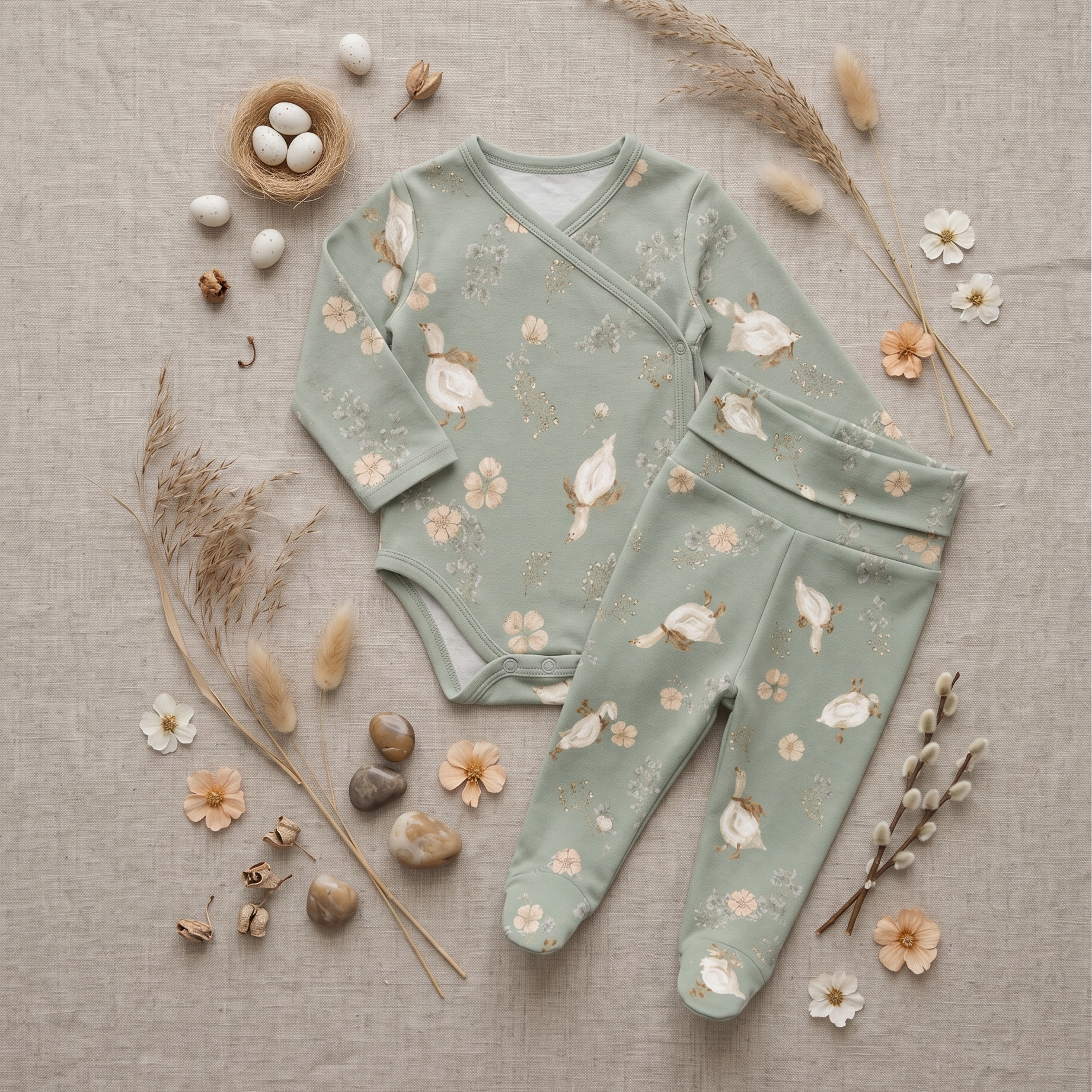Kit Body Kimono + Calça com Pezinho Recém-Nascido a 3 Meses - Cotton Adapt | Gansinhos