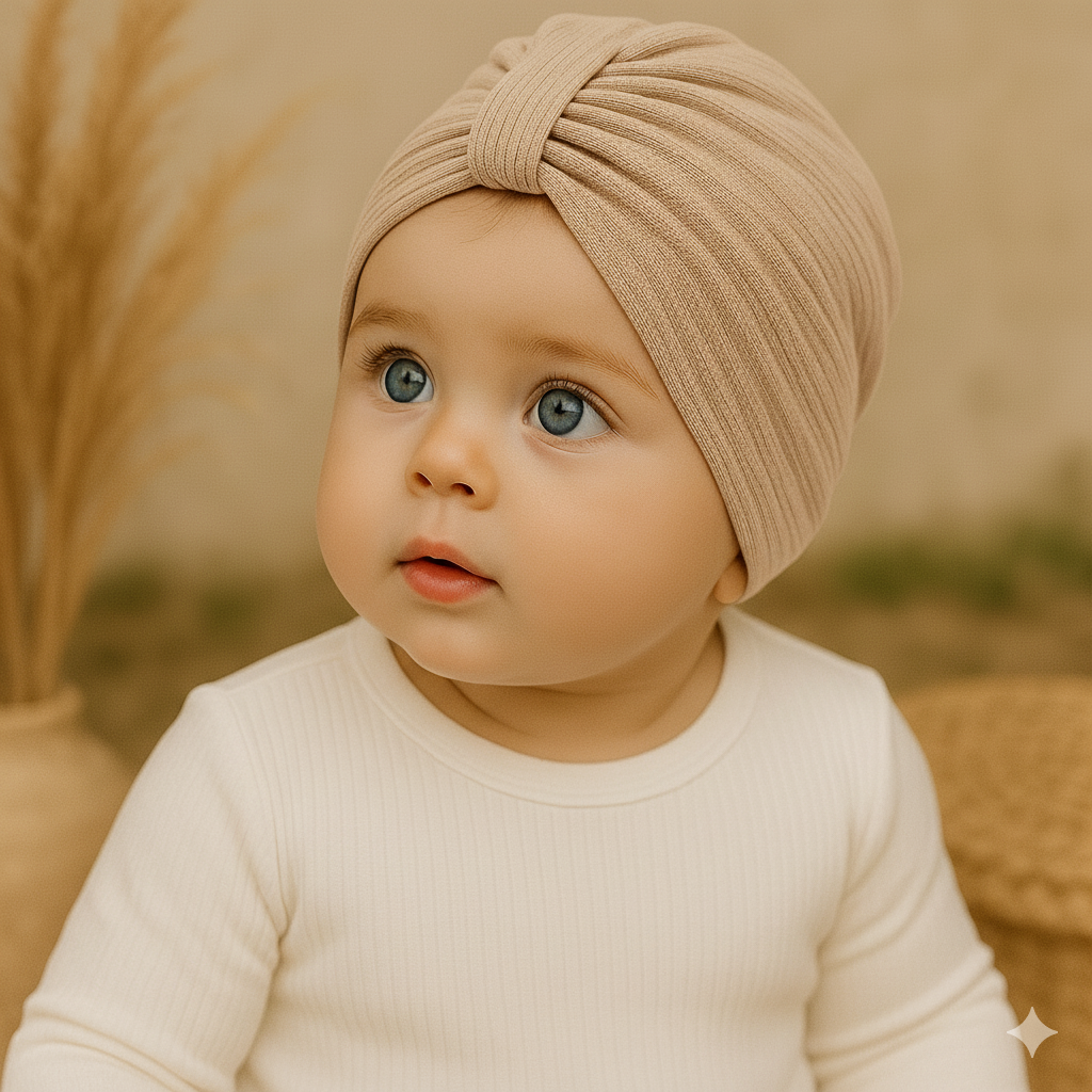 Turbante Com Lacinho Bebê Menina - Algodão Canelado Premium Liso | Marrom Claro