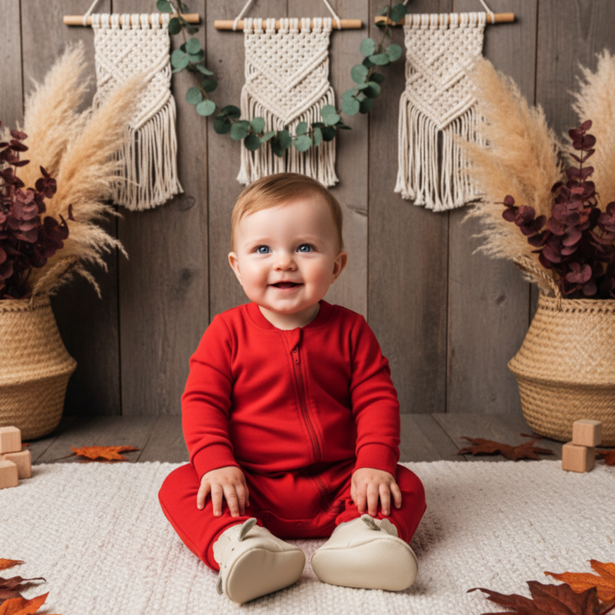Macacão Bebê Com Zíper Frontal Unissex - Algodão Stretch Liso | Vermelho