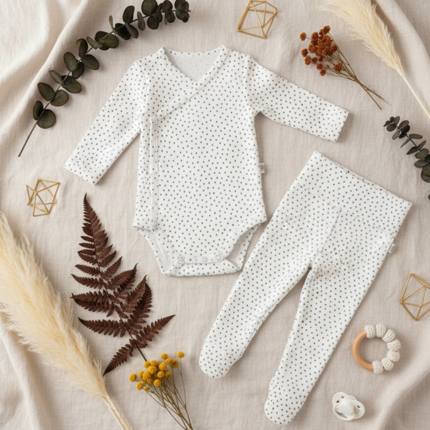 Kit: Body Kimono Recém-Nascido à 3 Meses + Calça de Pezinho Recém-Nascido à 3 Meses - Malha Algodão Estampada | Dots