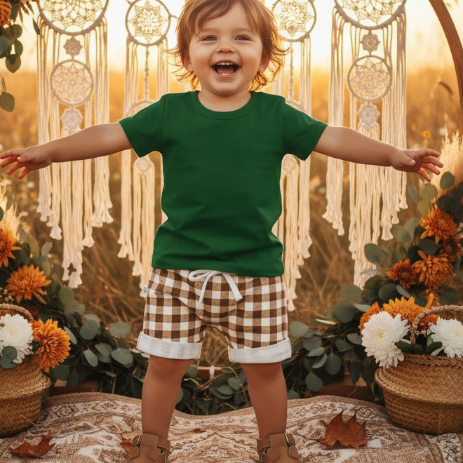 Bermuda Bebê/Infantil Menino – Cotton Premium Estampa Exclusiva | Vichy Marrom Clássico