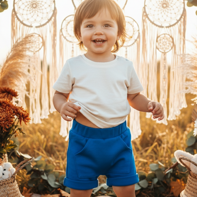 Bermuda Bebê e Infantil Menino com Bolsão – Algodão Premium Stretch Liso | Azul Royal