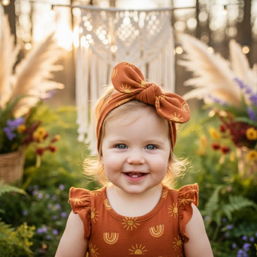 Laço de Cabelo Infantil Regulável – Algodão Stretch Estampa Exclusiva | Sol e Arco Iris Boho