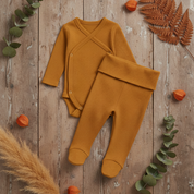 Kit: Body Kimono Recém-Nascido à 3 Meses + Calça de Pezinho Recém-Nascido à 3 Meses - Canelado Premium Liso | Caramelo