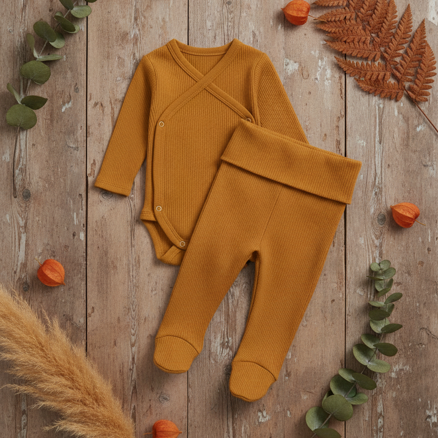 Kit: Body Kimono Recém-Nascido à 3 Meses + Calça de Pezinho Recém-Nascido à 3 Meses - Canelado Premium Liso | Caramelo