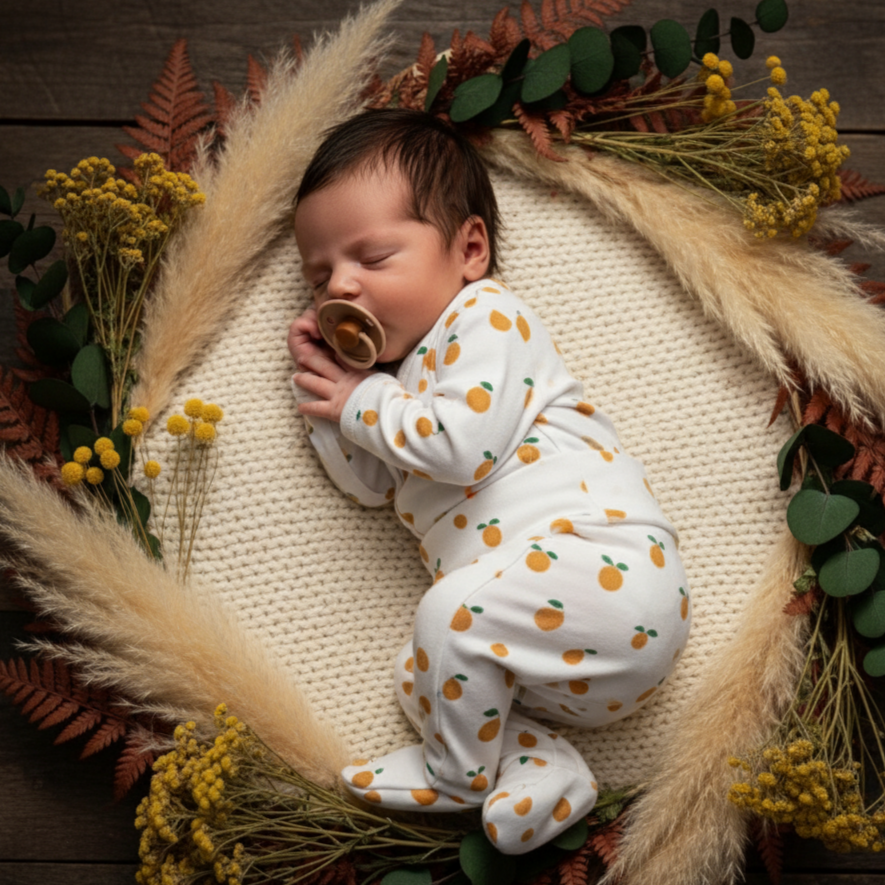 Kit: Body Kimono Recém-Nascido à 3 Meses + Calça de Pezinho Recém-Nascido à 3 Meses - Algodão Premium Estampa Exclusiva | Mini Laranjinhas Bojo