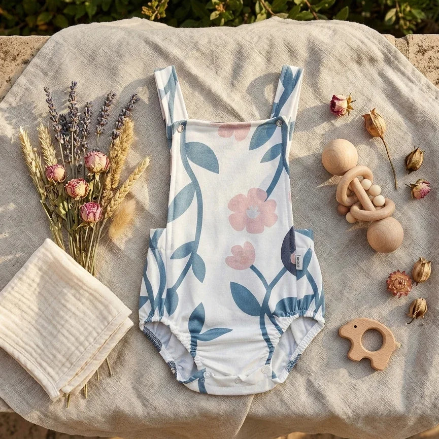 Jardineira Romper - Poliéster + Elastano Estampado | Floral Vintage Grande