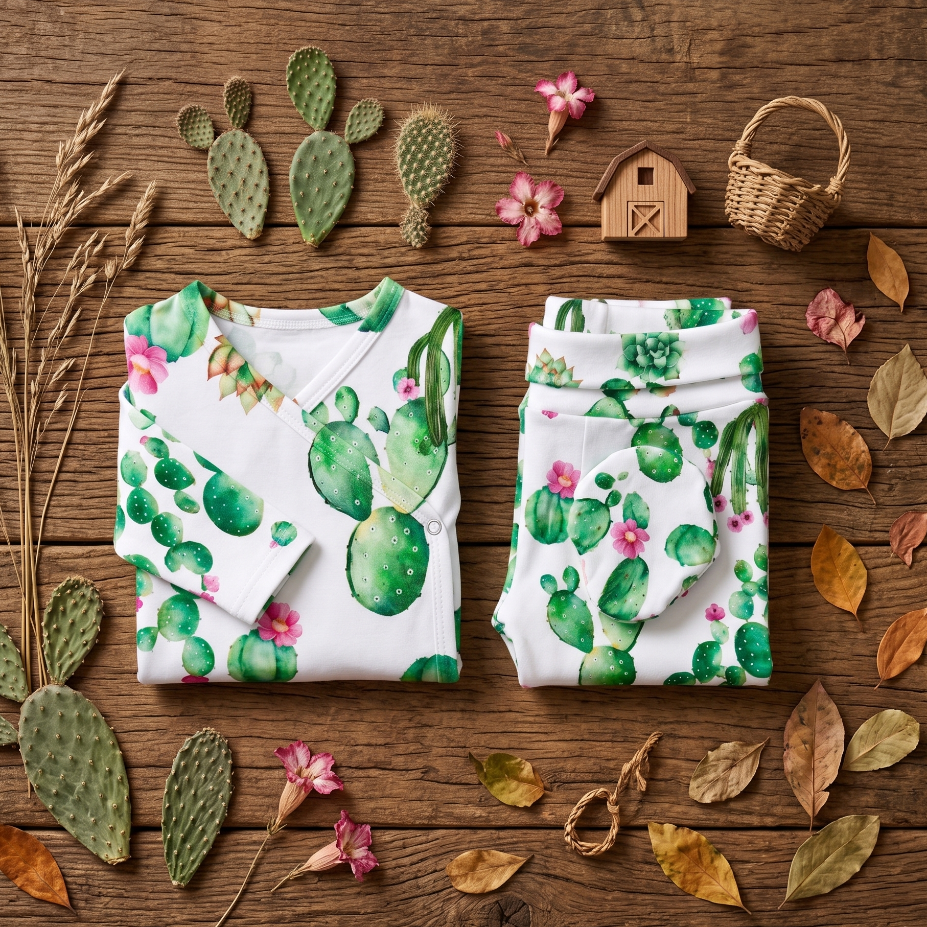 Kit Body Kimono + Calça com Pezinho Recém-Nascido a 3 Meses - Cotton Adapt | Cactos Tropical