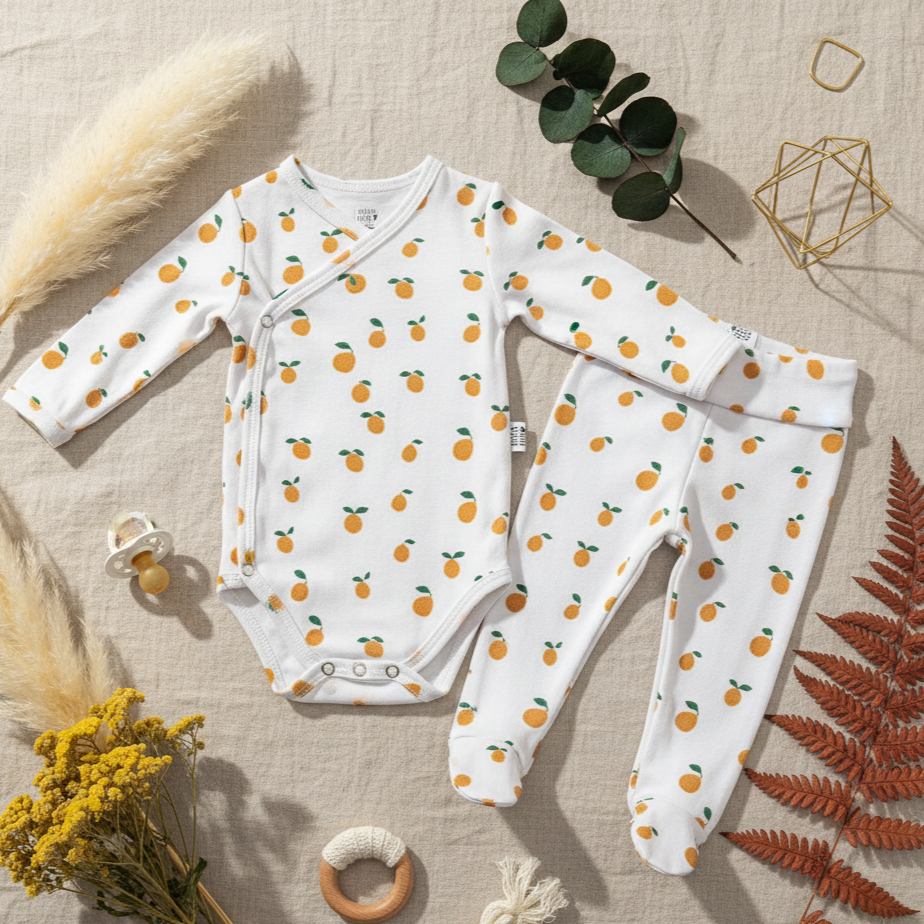 Kit: Body Kimono Recém-Nascido à 3 Meses + Calça de Pezinho Recém-Nascido à 3 Meses - Algodão Premium Estampa Exclusiva | Mini Laranjinhas Bojo