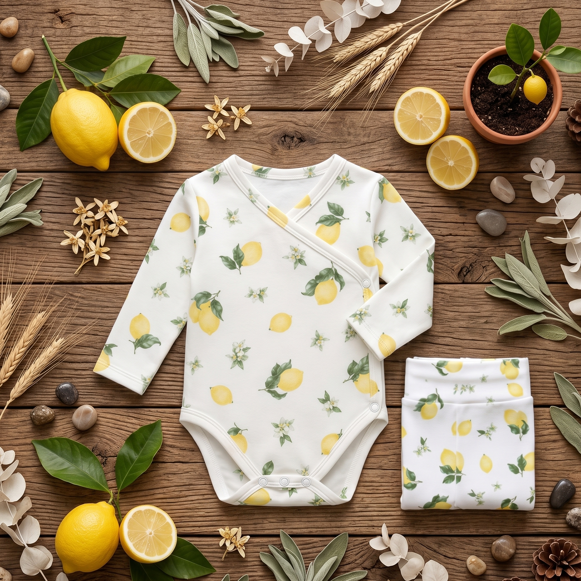 Kit Body Kimono + Calça com Pezinho Recém-Nascido a 3 Meses - Cotton Adapt | Lemons