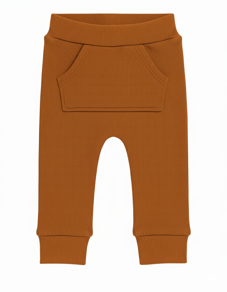 Calça Bebê e Infantil Bolsão Canguru Unissex – Algodão Canelado Premium Liso | Caramelo