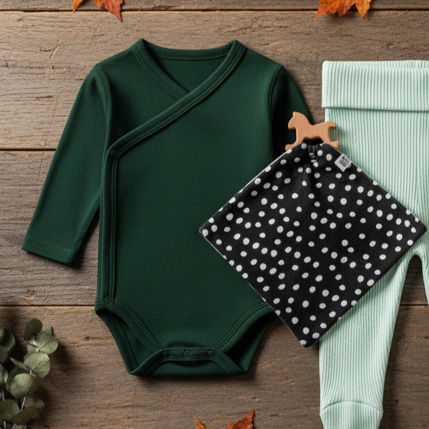 Body Kimono Bebê Recém-Nascido à 3 Meses Unissex - Algodão Premium Liso | Verde Mate