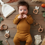 Kit: Body Kimono Recém-Nascido à 3 Meses + Calça de Pezinho Recém-Nascido à 3 Meses - Canelado Premium Liso | Caramelo