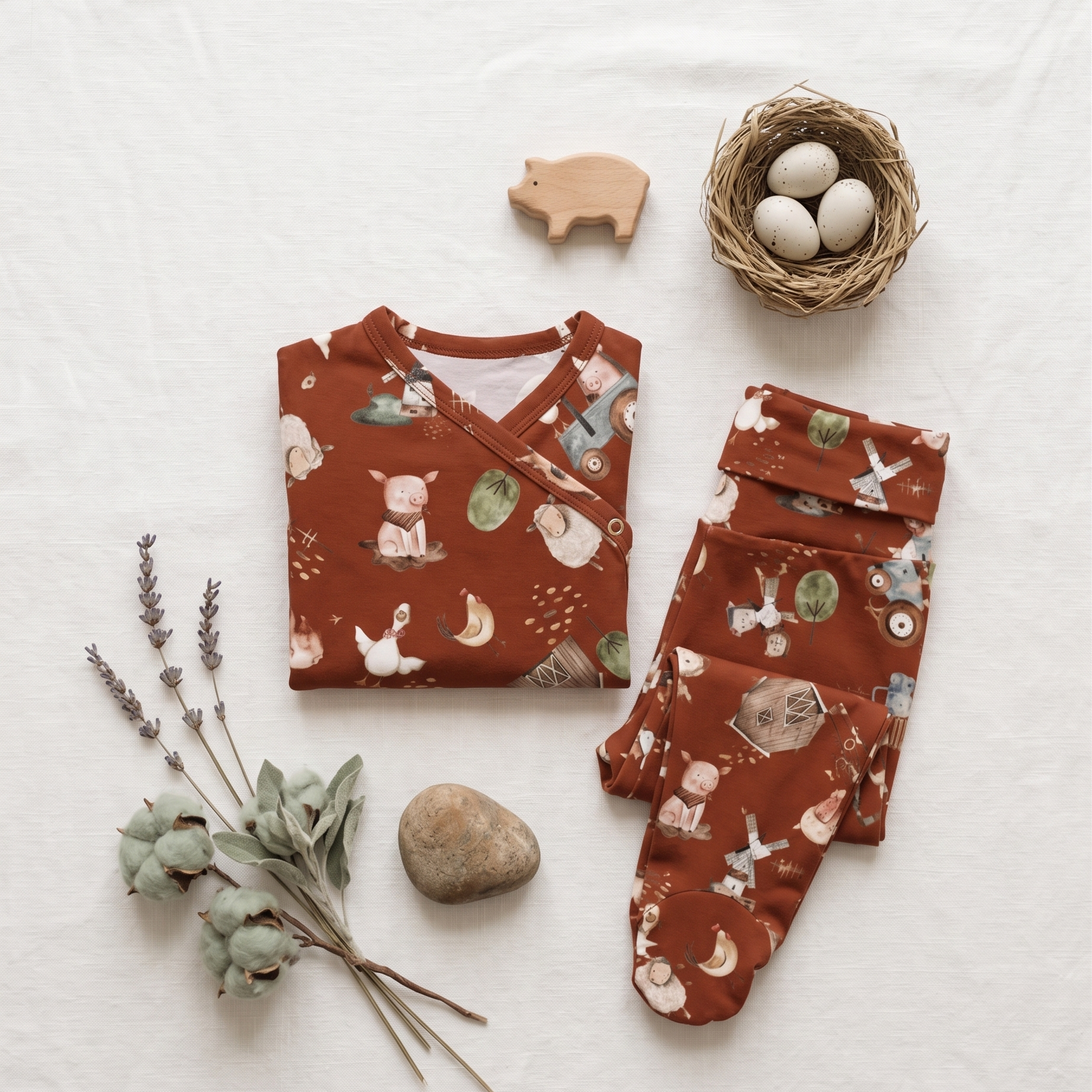 Kit Body Kimono + Calça com Pezinho Recém-Nascido a 3 Meses - Cotton Adapt | Fazendinha Encantada