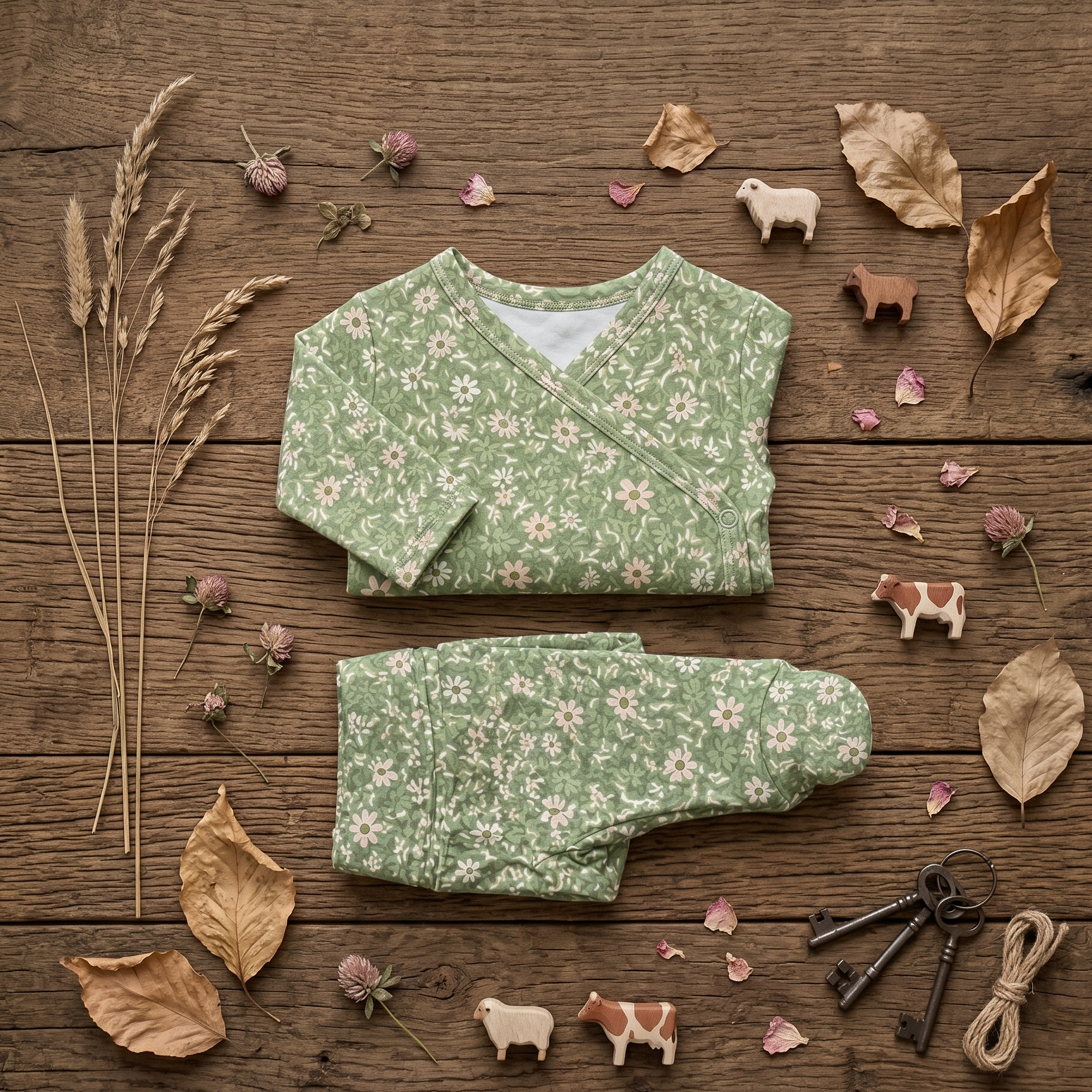 Kit Body Kimono + Calça com Pezinho Recém-Nascido a 3 Meses - Cotton Adapt | Trevos