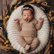 Kit: Body Kimono Recém-Nascido à 3 Meses + Calça de Pezinho Recém-Nascido à 3 Meses - Algodão Premium Liso| Bege Clássico