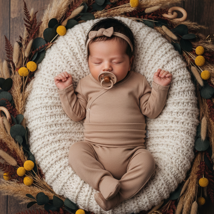 Kit: Body Kimono Recém-Nascido à 3 Meses + Calça de Pezinho Recém-Nascido à 3 Meses - Algodão Premium Liso| Bege Clássico