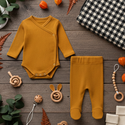 Kit: Body Kimono Recém-Nascido à 3 Meses + Calça de Pezinho Recém-Nascido à 3 Meses - Canelado Premium Liso | Mostarda
