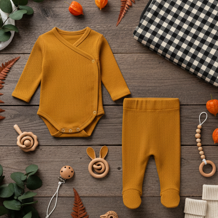 Kit: Body Kimono Recém-Nascido à 3 Meses + Calça de Pezinho Recém-Nascido à 3 Meses - Canelado Premium Liso | Mostarda