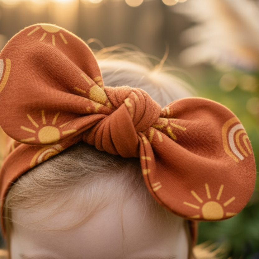 Laço de Cabelo Infantil Regulável – Algodão Stretch Estampa Exclusiva | Sol e Arco Iris Boho