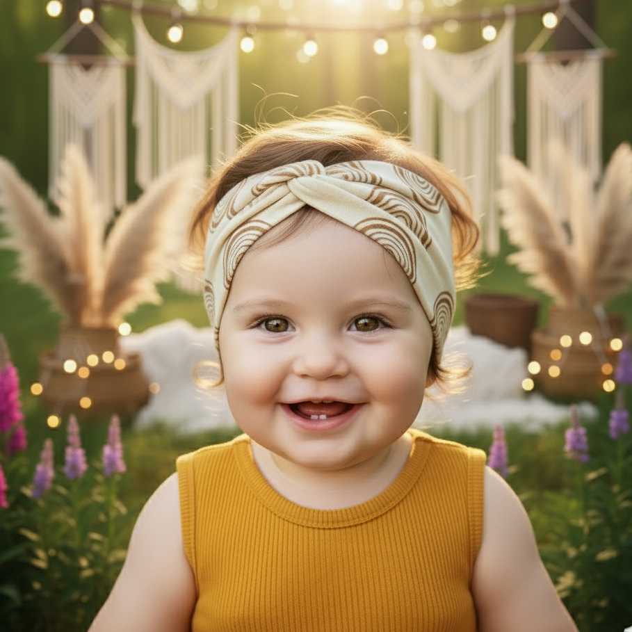 Faixinha de Cabelo Bebê - Algodão Premium Estampa Exclusiva | Arcos Boho Fundo Bege