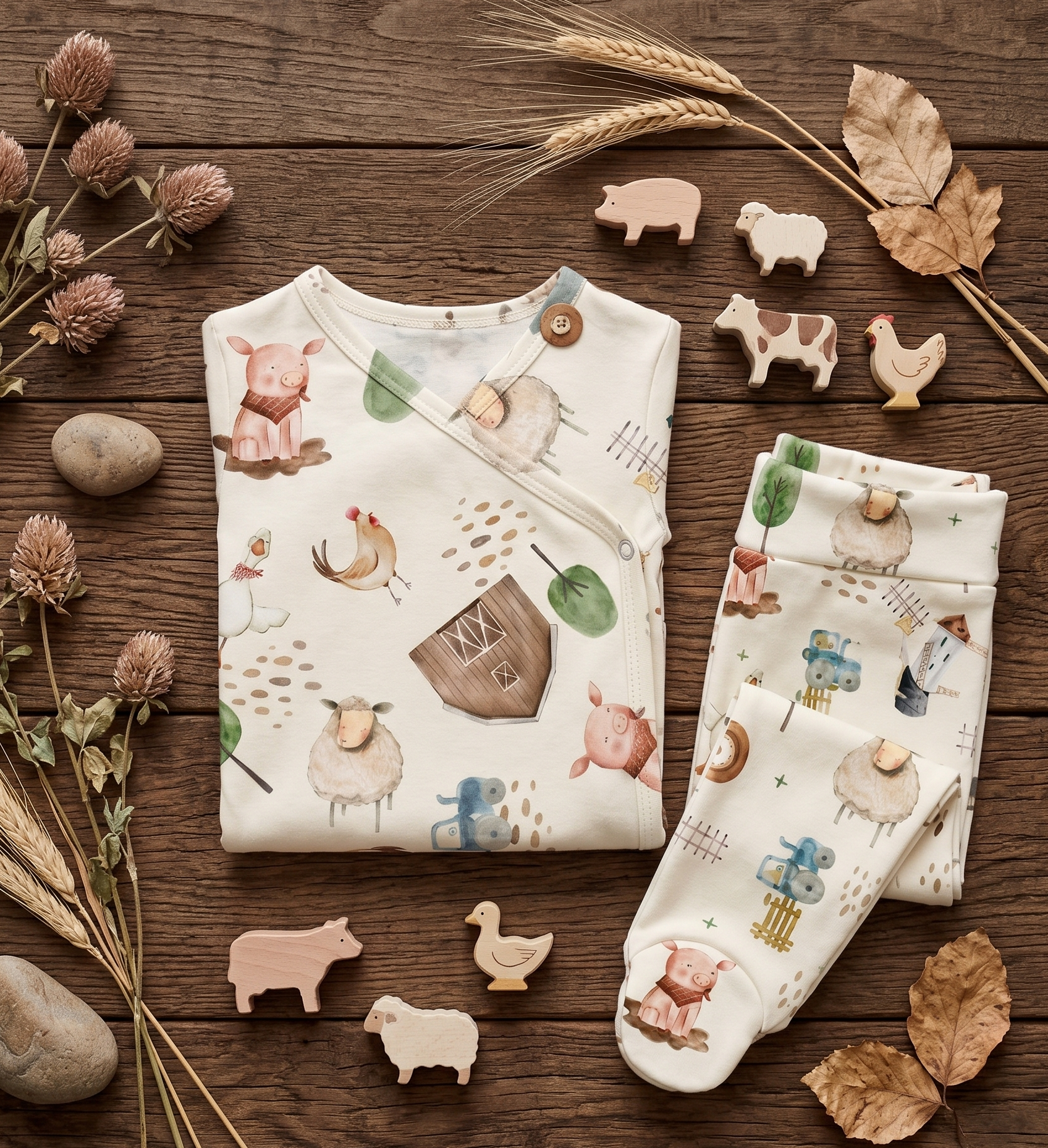 Kit Body Kimono + Calça com Pezinho Recém-Nascido a 3 Meses - Cotton Adapt | Fazendinha