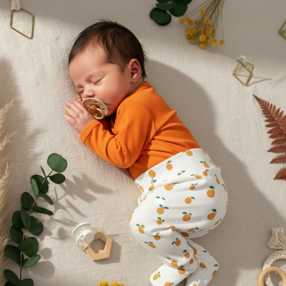 Kit: Body Kimono Recém-Nascido à 3 Meses | Laranja Vibrante + Calça de Pezinho Recém-Nascido à 3 Meses - Algodão Premium | Mini Laranjinhas Boho
