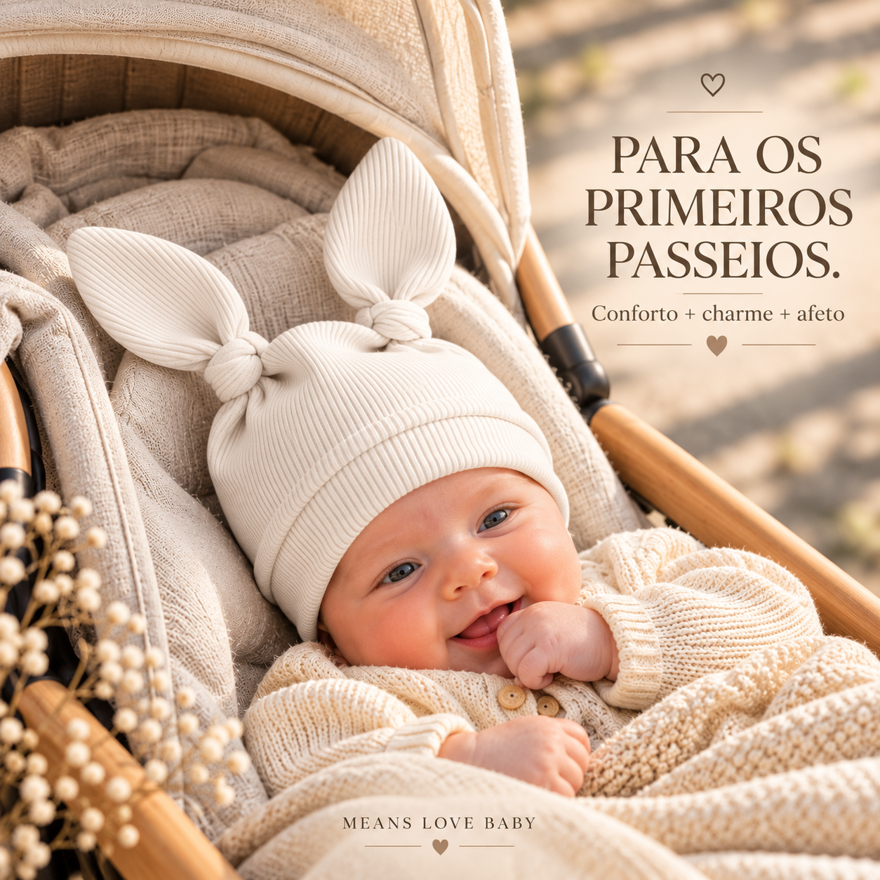 Touca Bebê Orelhinhas Regulável - Algodão Canelado | Off White