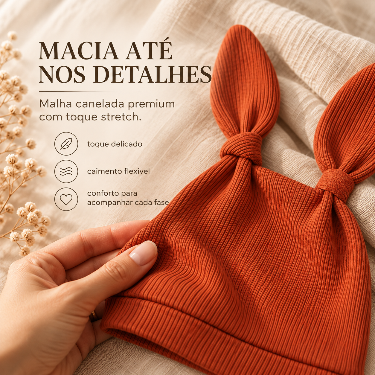 Touca Bebê Orelhinhas Regulável - Algodão Canelado | Telha