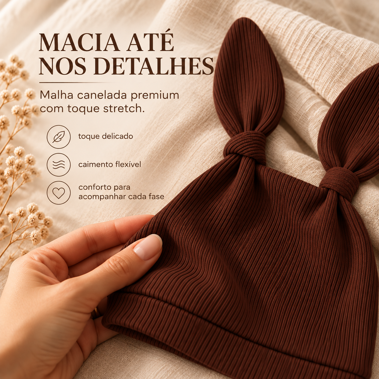 Touca Bebê Orelhinhas Regulável - Algodão Canelado | Marrom Terra