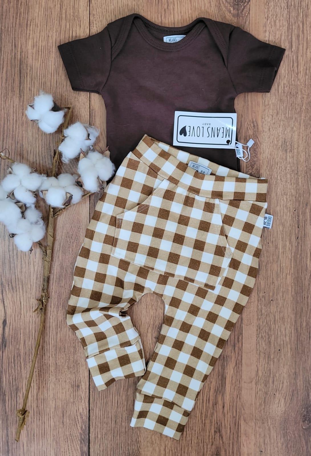 Calça Bebê/Infantil Com Bolsão Unissex [Cotton- Estampada] - Xadrez Marrom