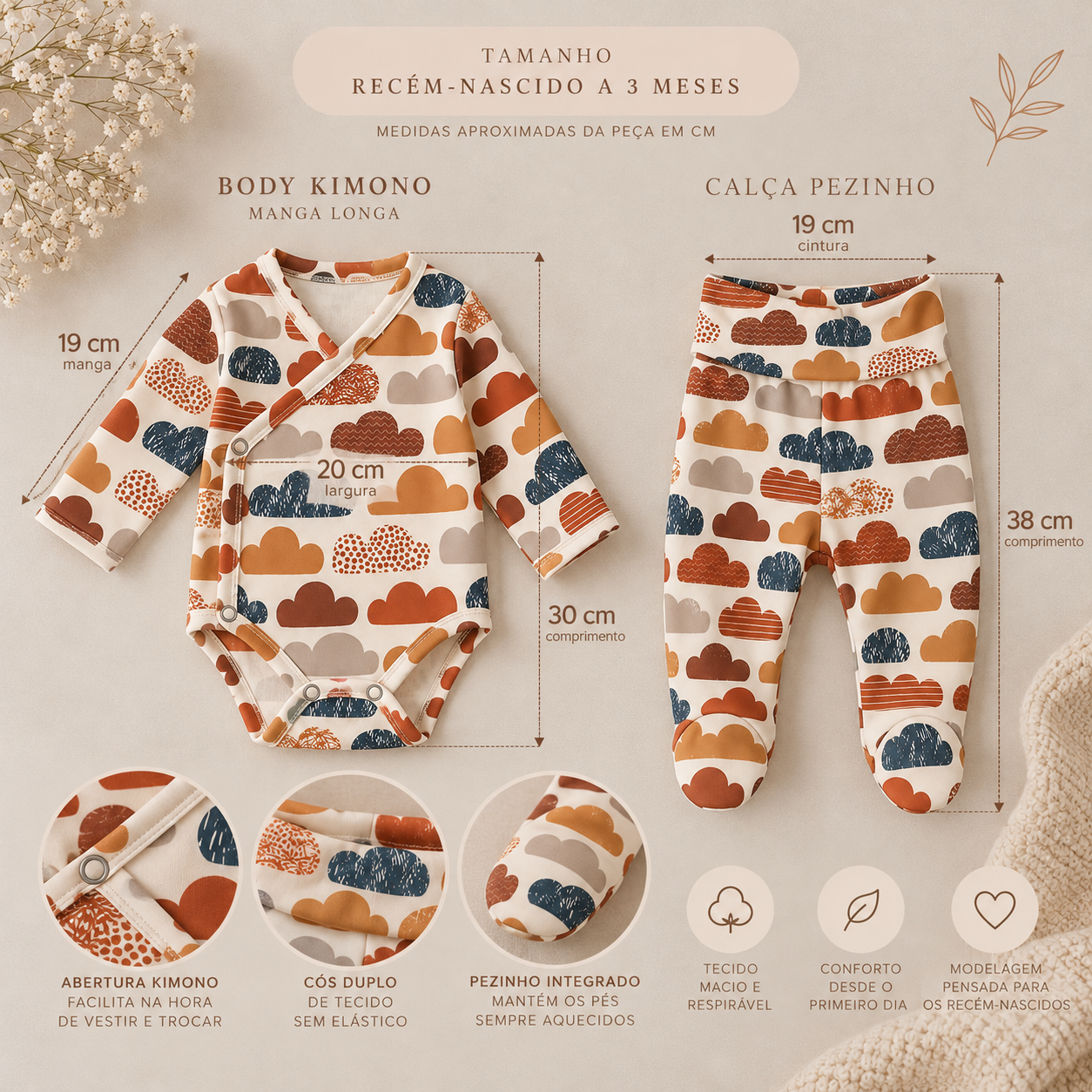 Saída Maternidade Recém-Nascido 4 Peças - Cotton Adapt | Nuvens de Outono