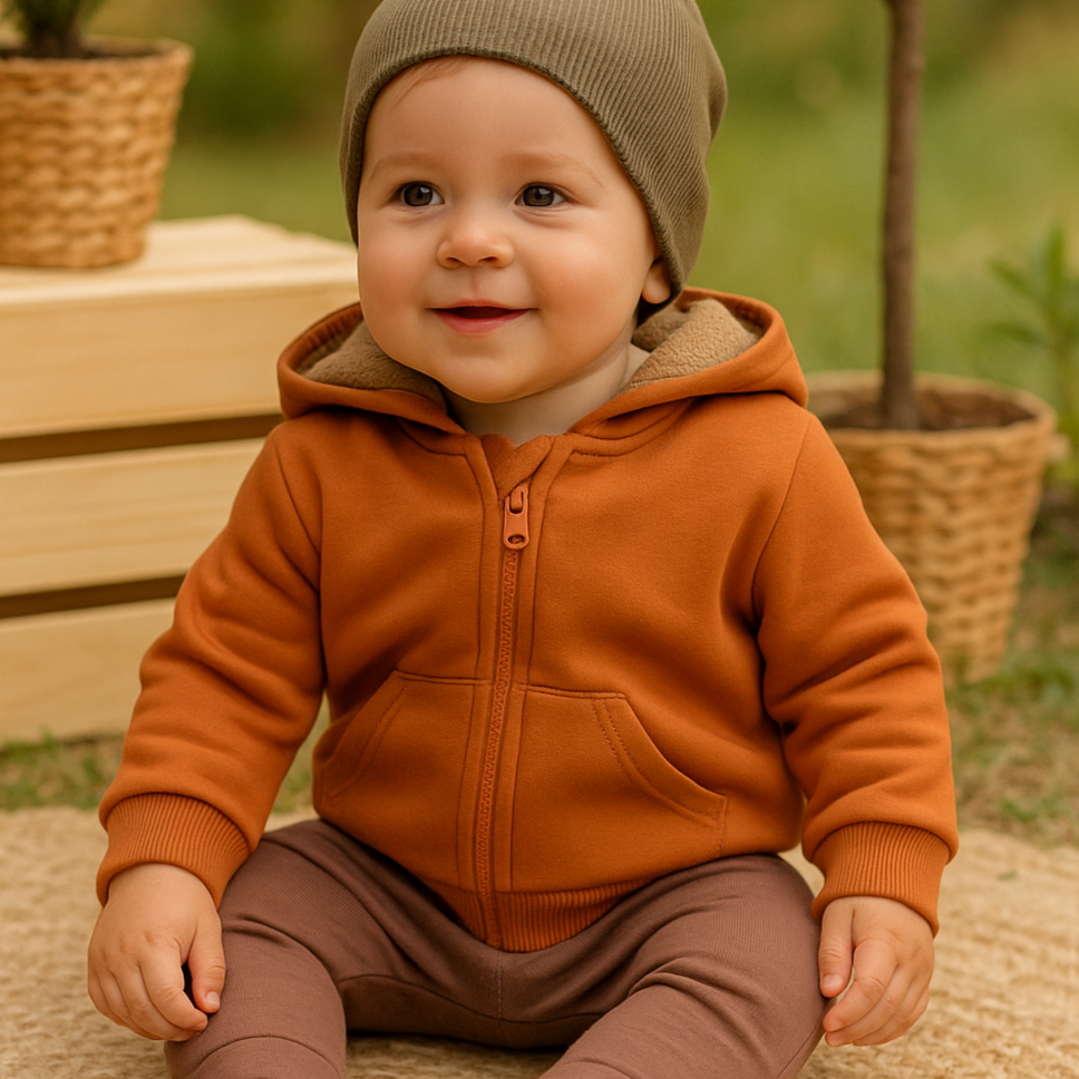 Infantil Com Capuz e Forro Peluciado Grosso Areia Claro | Cor Externa Laranja Tijolo