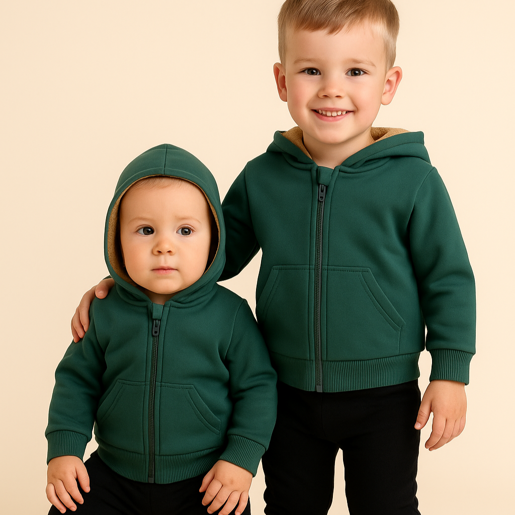 Jaqueta_Beb_Infantil_Com_Capuz_e_Forro_Peluciado_Grosso_Areia_Claro_Cor_Externa_Verde_Murano  irmaos usando juntos